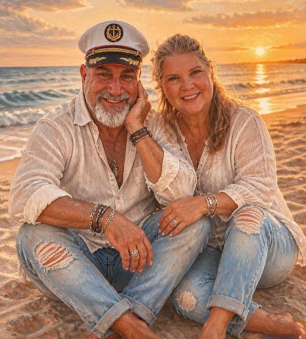 A smiling couple together at sunset